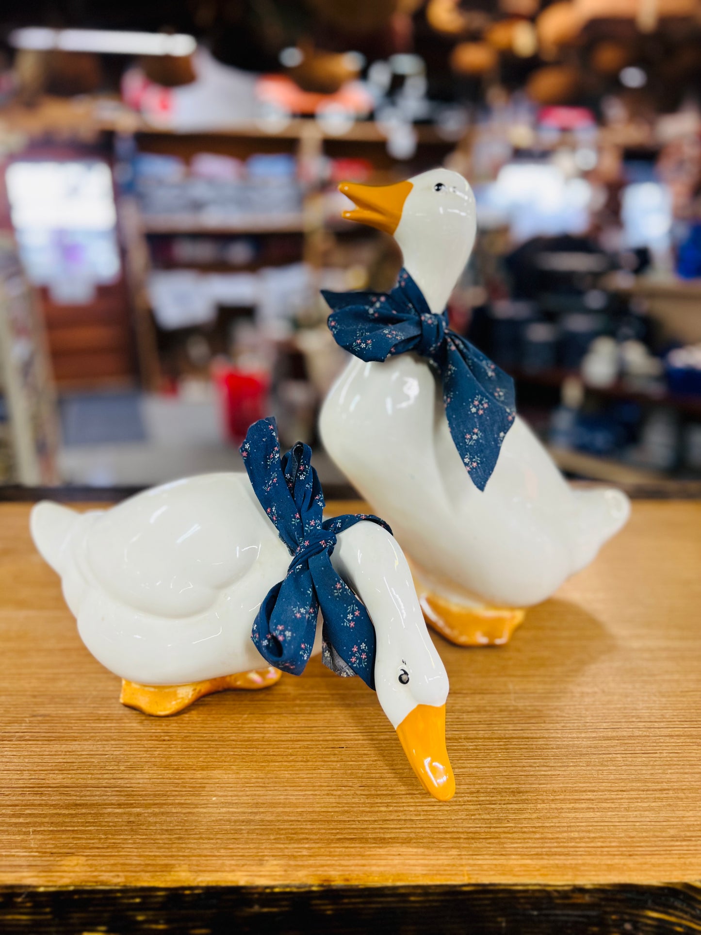 Set of 2 - Vintage Ceramic White Goose with Blue Floral Bows Standing and Bending Down Shelf Sitters
