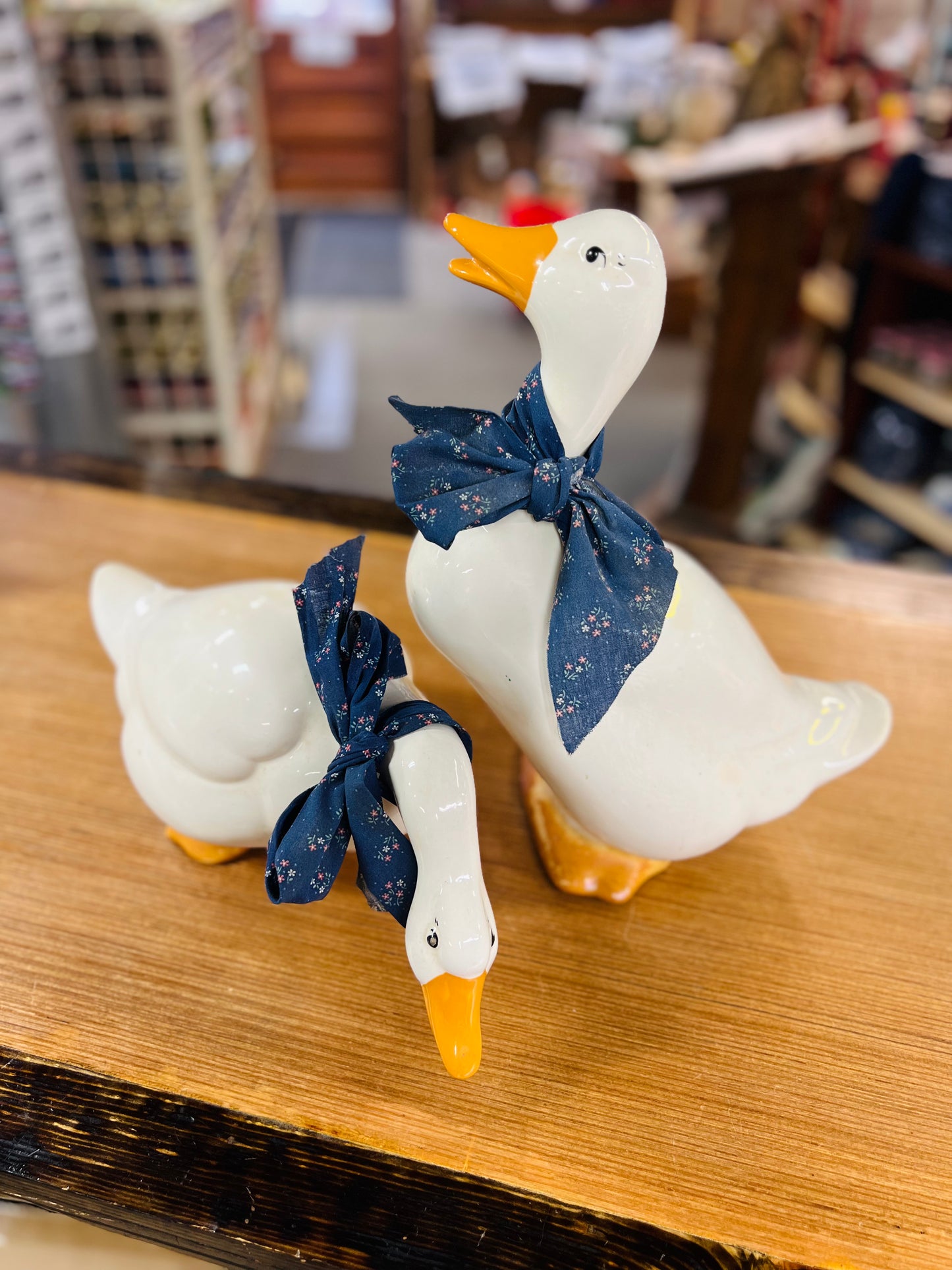 Set of 2 - Vintage Ceramic White Goose with Blue Floral Bows Standing and Bending Down Shelf Sitters