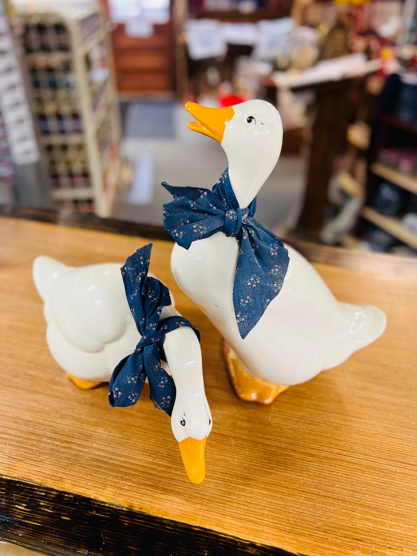Set of 2 - Vintage Ceramic White Goose with Blue Floral Bows Standing and Bending Down Shelf Sitters
