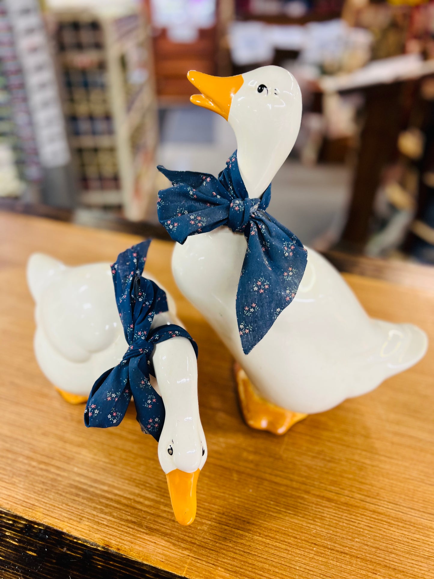 Set of 2 - Vintage Ceramic White Goose with Blue Floral Bows Standing and Bending Down Shelf Sitters