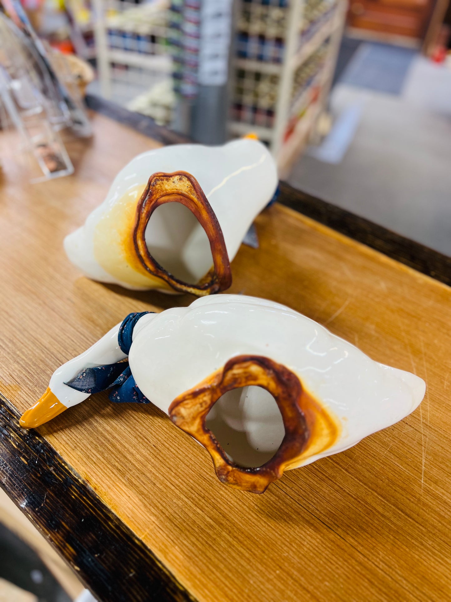 Set of 2 - Vintage Ceramic White Goose with Blue Floral Bows Standing and Bending Down Shelf Sitters
