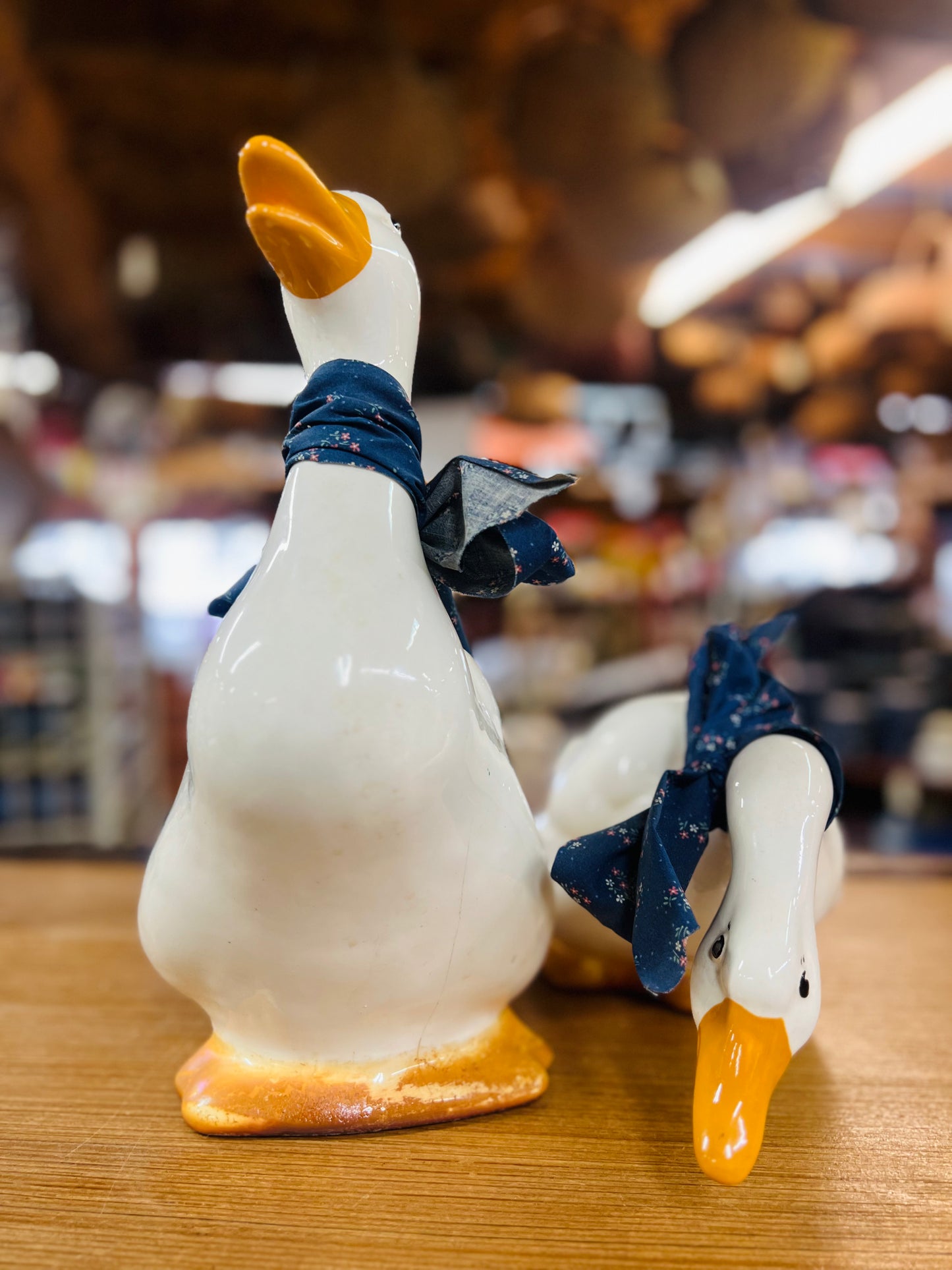 Set of 2 - Vintage Ceramic White Goose with Blue Floral Bows Standing and Bending Down Shelf Sitters
