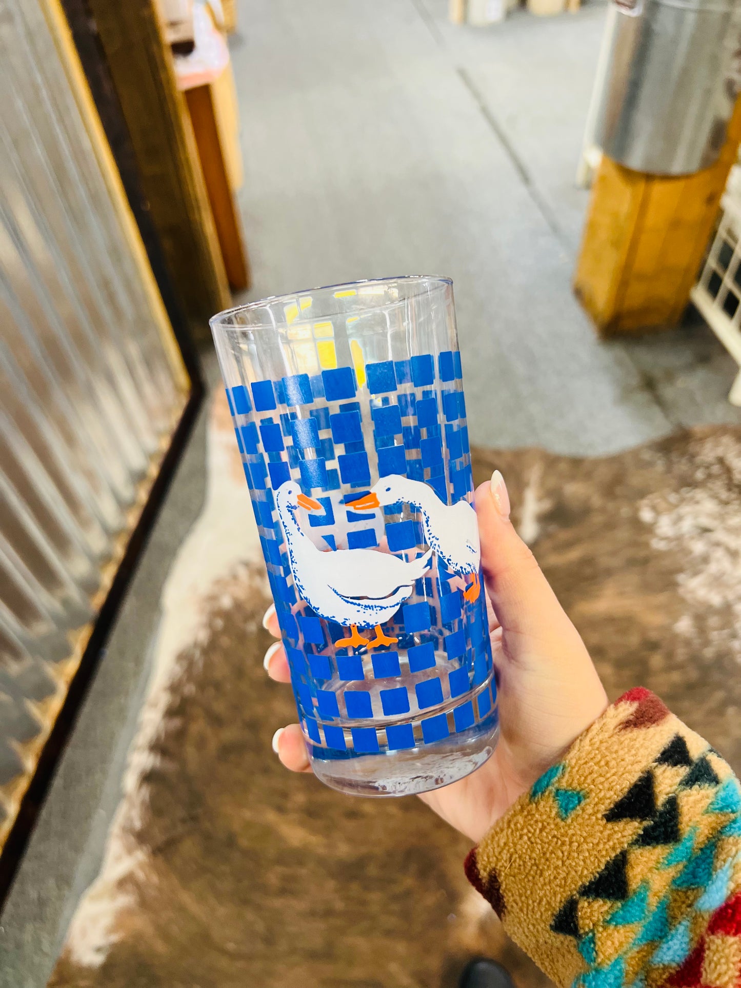 Vintage 1982 Carlton Goose Blue Checker Glass Cups - Set of 6