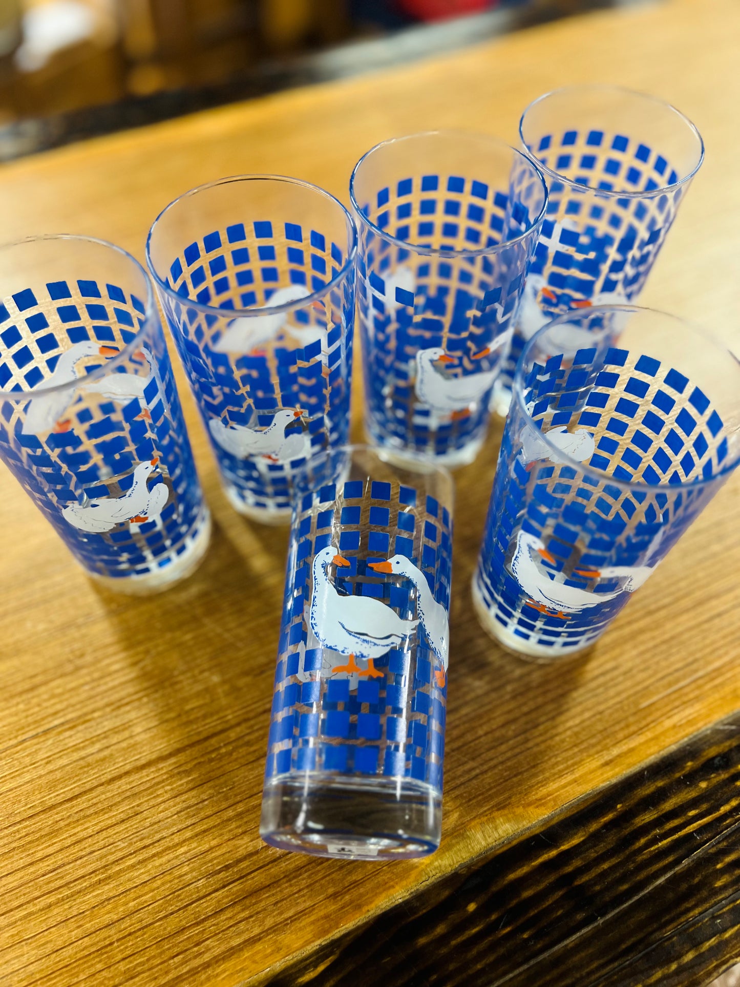 Vintage 1982 Carlton Goose Blue Checker Glass Cups - Set of 6