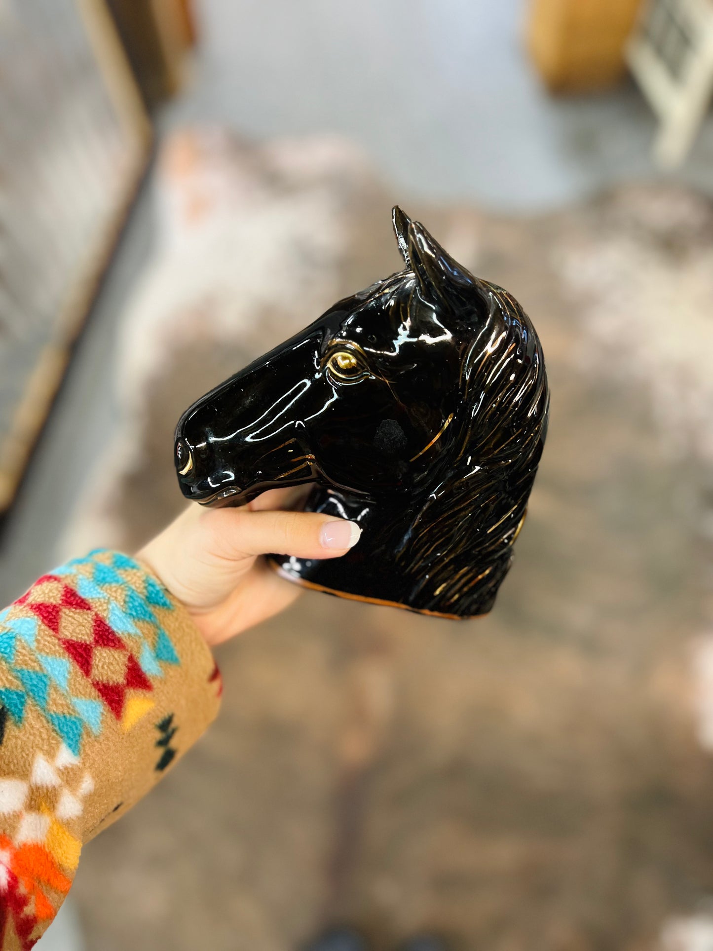 Vintage Wales Ceramic Horse Head Figure with Gold Accents