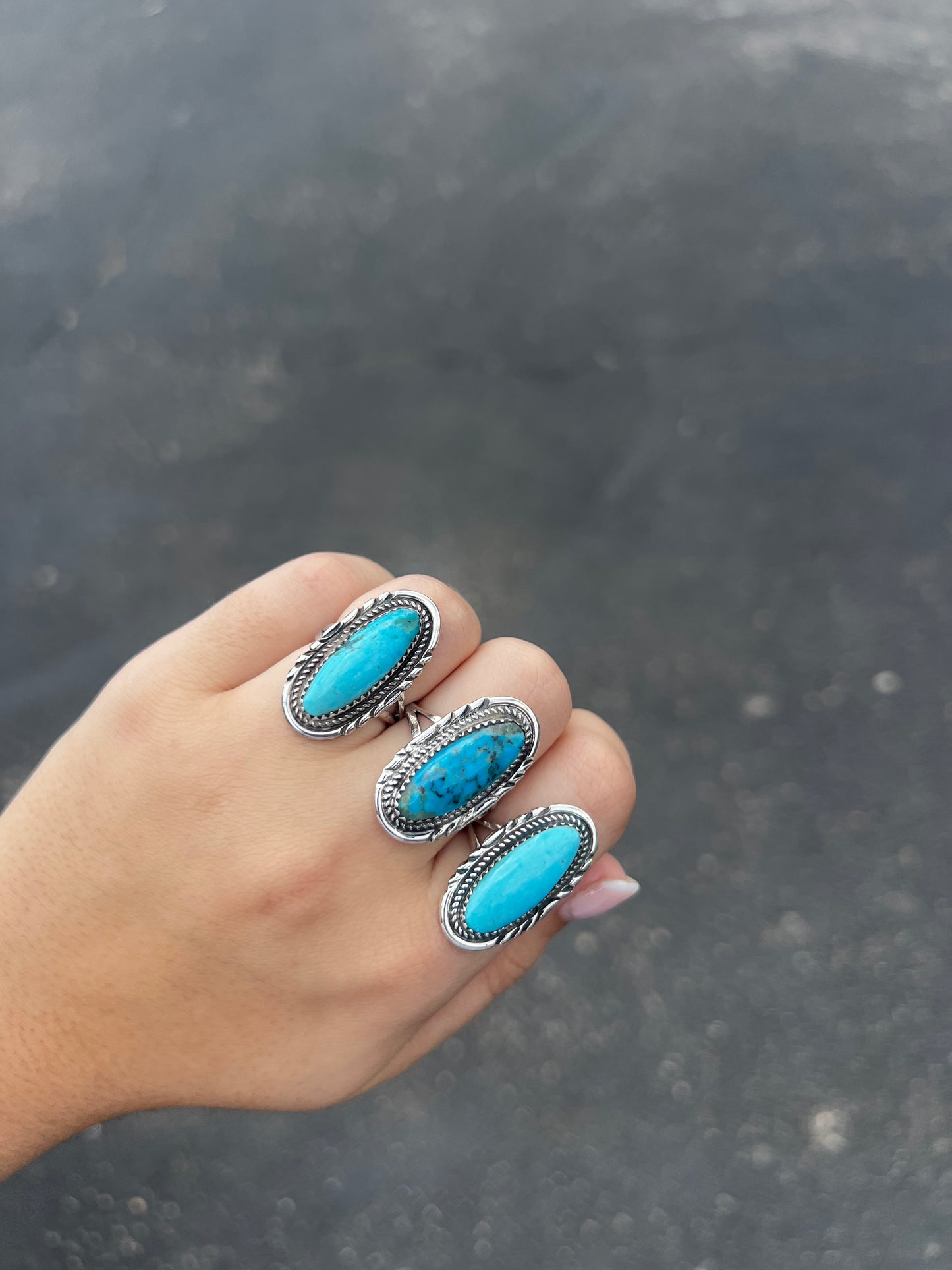 Oval Kingman Turquoise Ring with Stamped Border