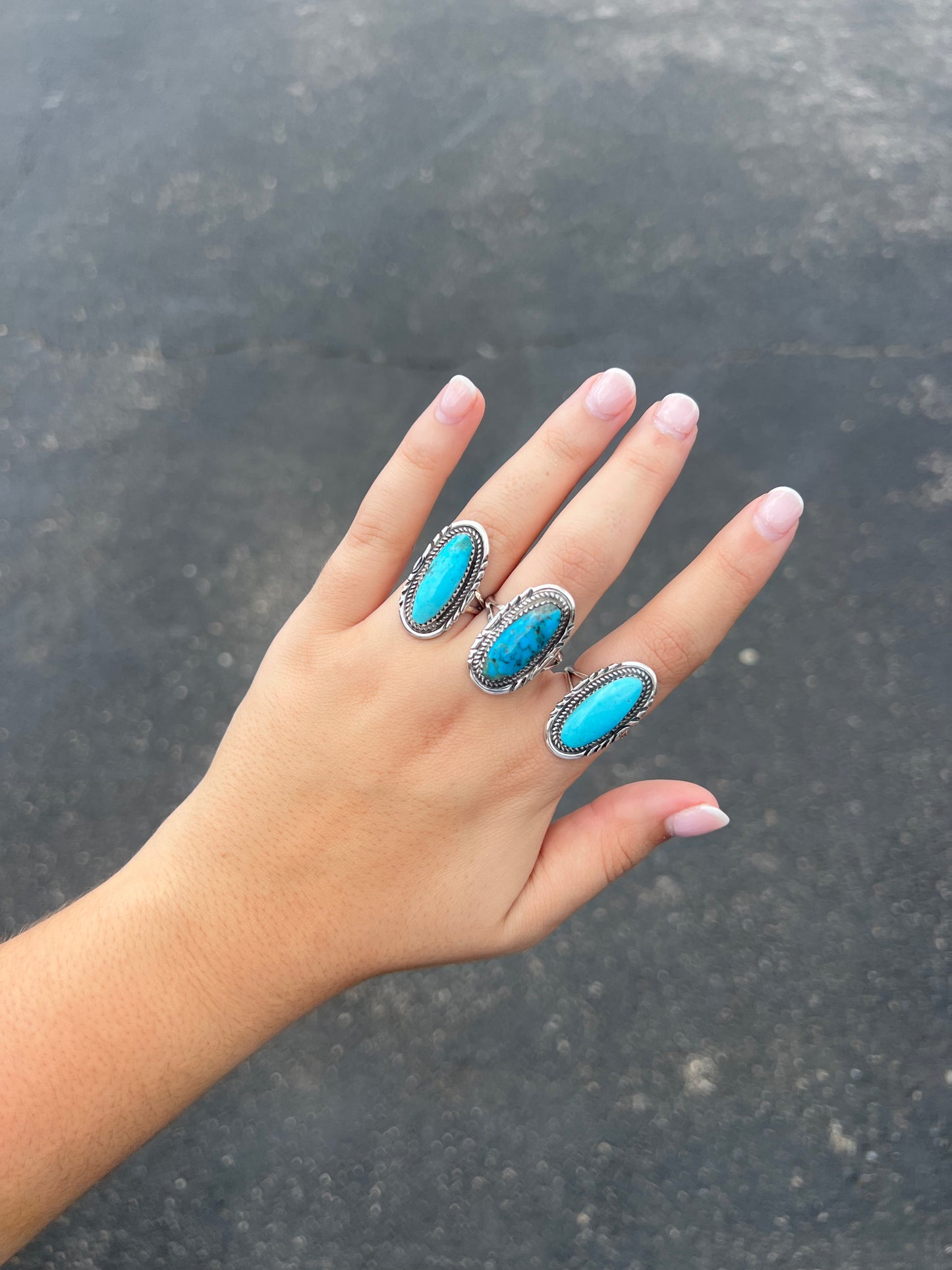 Oval Kingman Turquoise Ring with Stamped Border