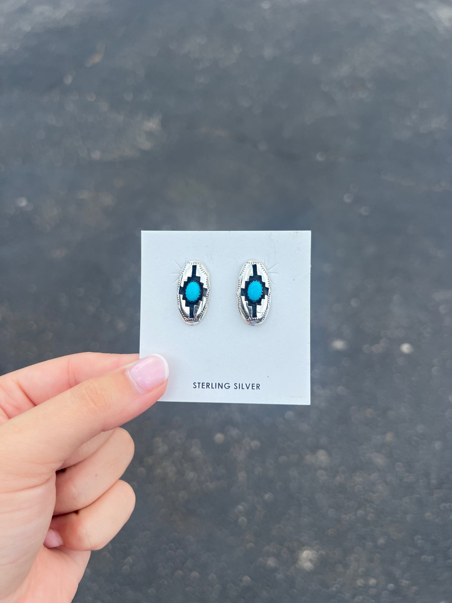 Genuine Kingman Turquoise Blessing Design Shadowbox Sterling Silver Earrings
