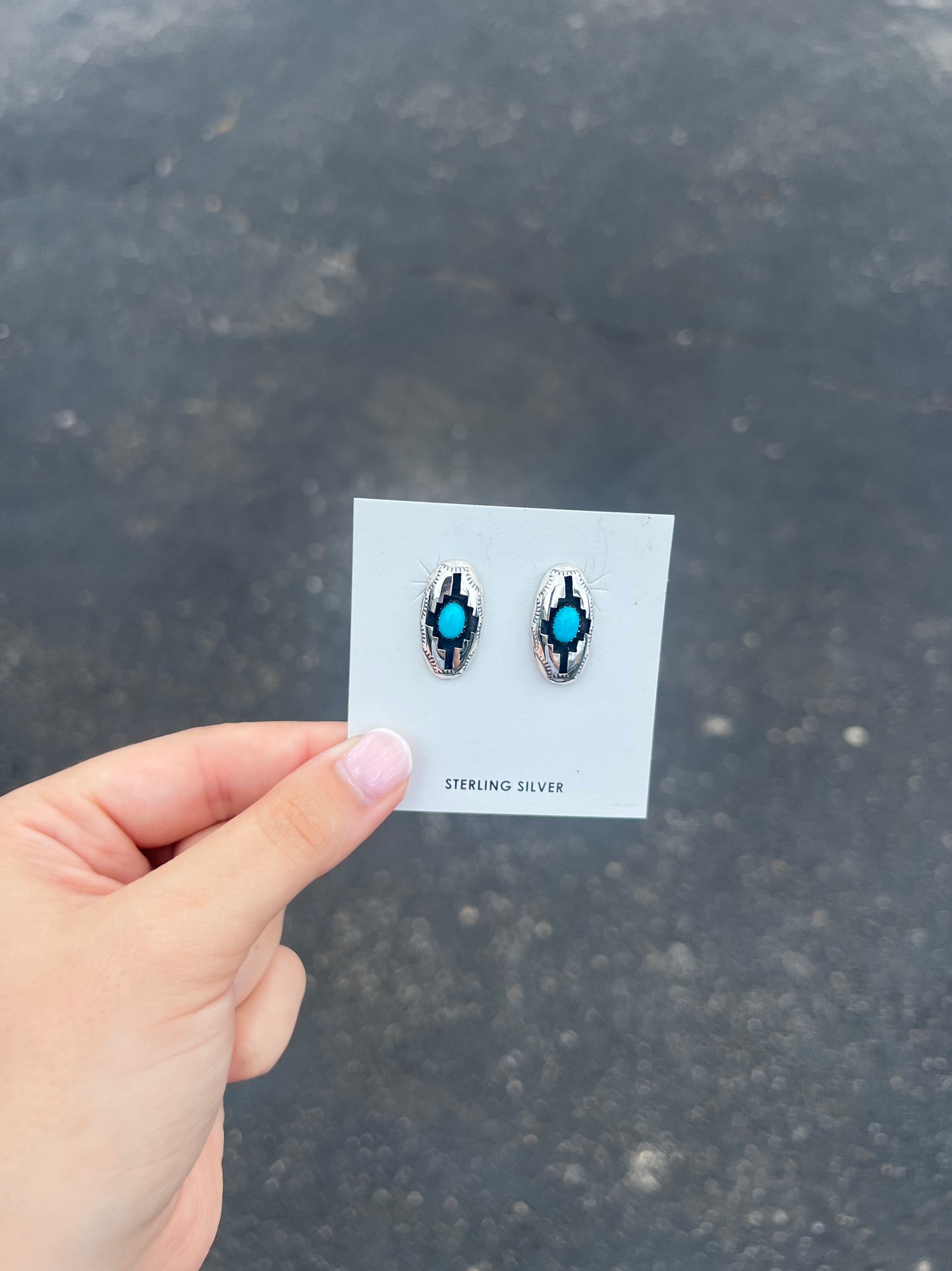 Genuine Kingman Turquoise Blessing Design Shadowbox Sterling Silver Earrings
