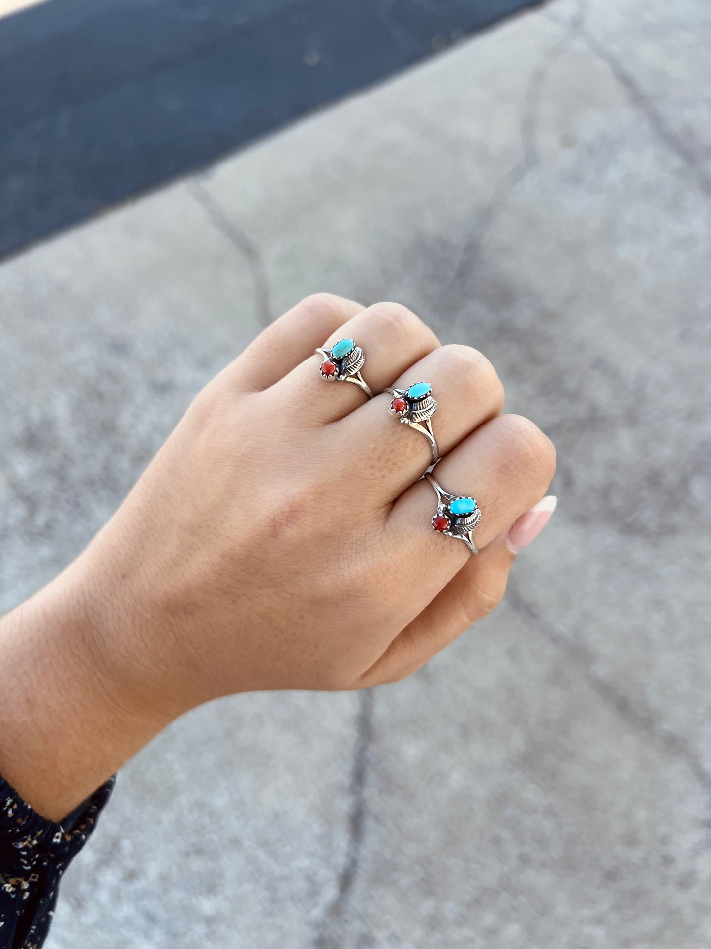 Genuine Turquoise and Coral Leaf Sterling Silver Ring
