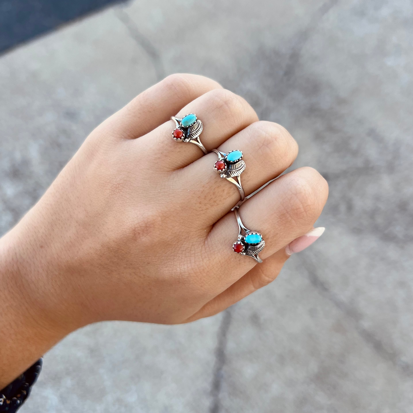 Genuine Turquoise and Coral Leaf Sterling Silver Ring