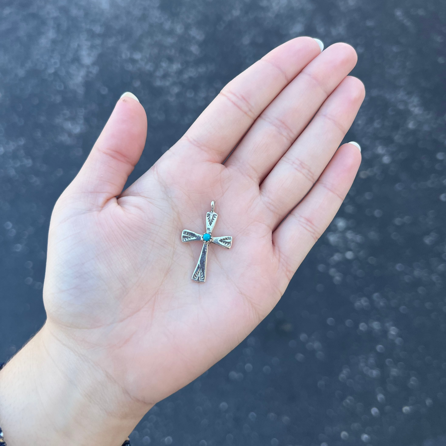 Genuine Turquoise Sterling Silver Cross Pendant with Stamped Ends