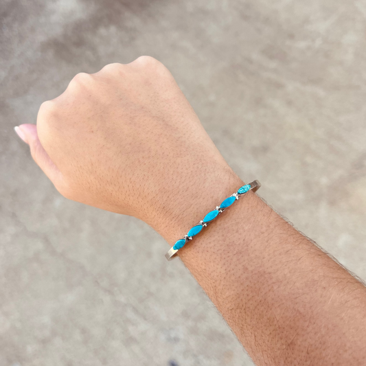 Genuine Oval Kingman Turquoise 5 Stone Inlay Sterling Silver Cuff Bracelet