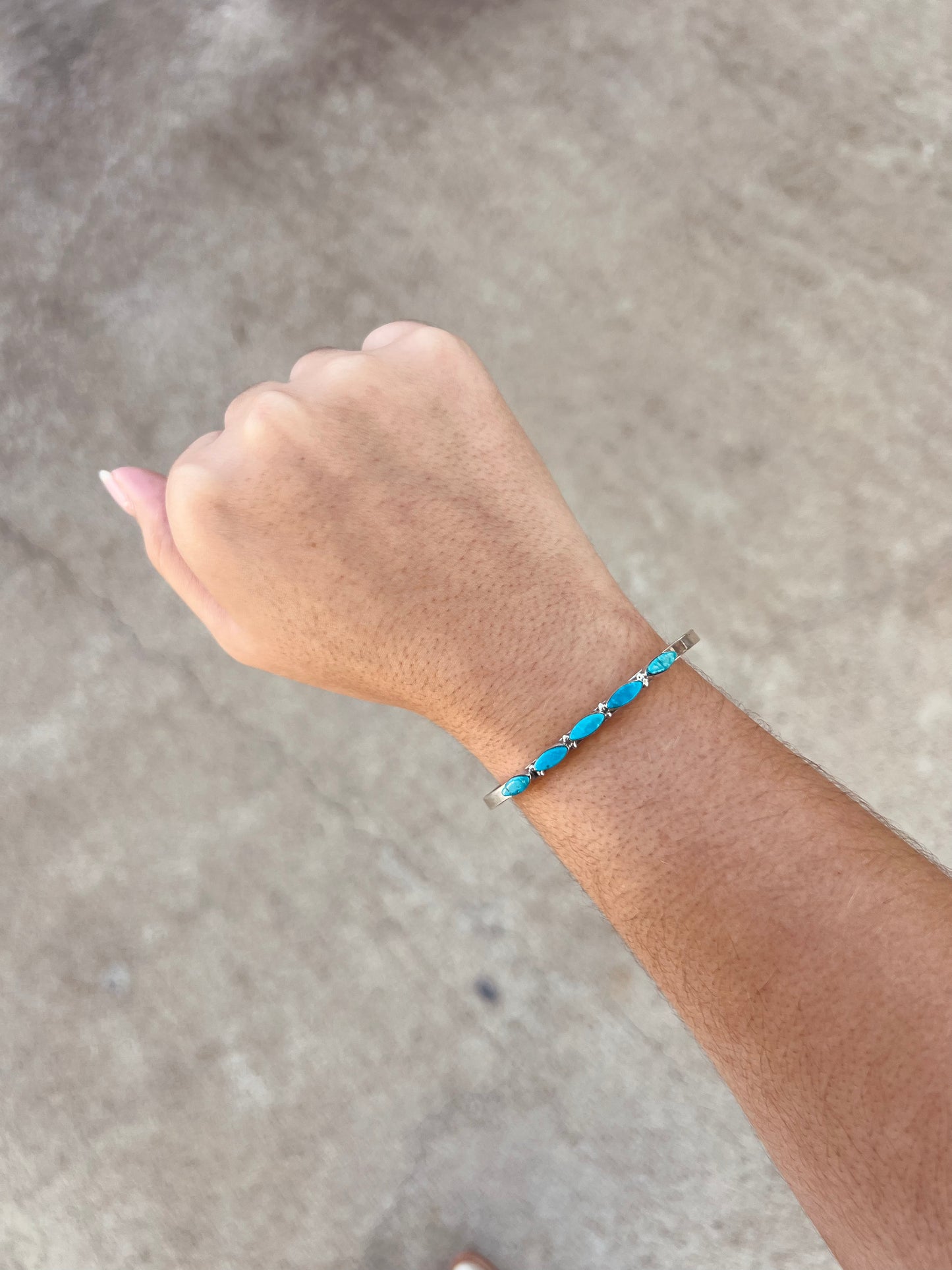 Genuine Oval Kingman Turquoise 5 Stone Inlay Sterling Silver Cuff Bracelet