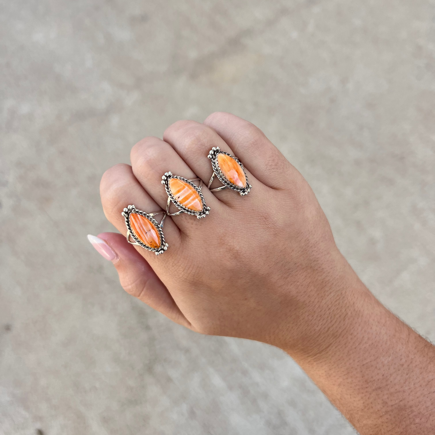 Genuine Orange Spiny Oyster Marquise Sterling Silver Ring
