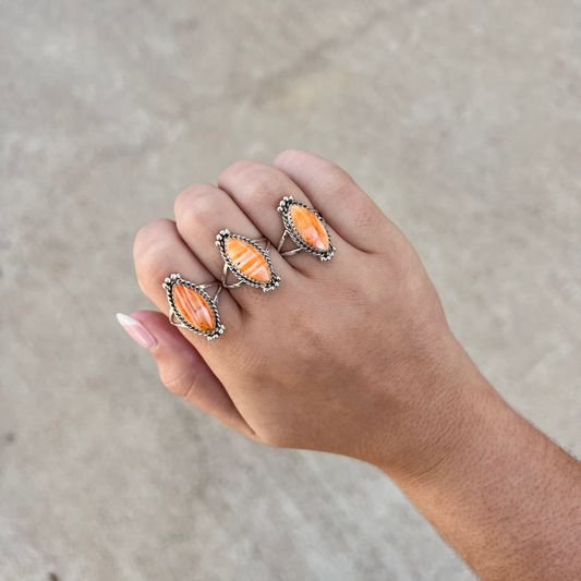 Genuine Orange Spiny Oyster Marquise Sterling Silver Ring