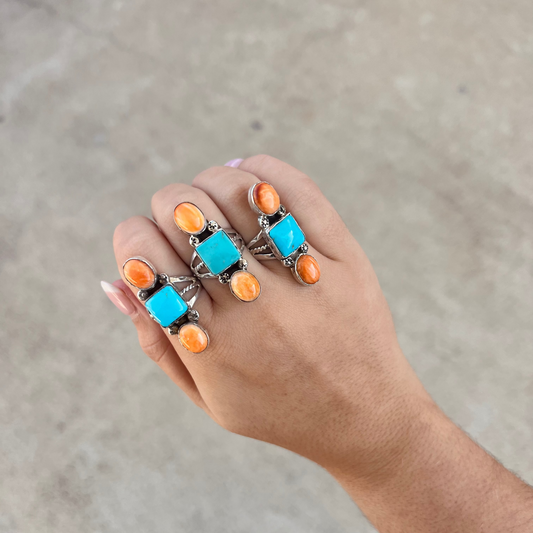 Genuine Turquoise & Spiny Oyster Sterling Silver 3 Stone Ring
