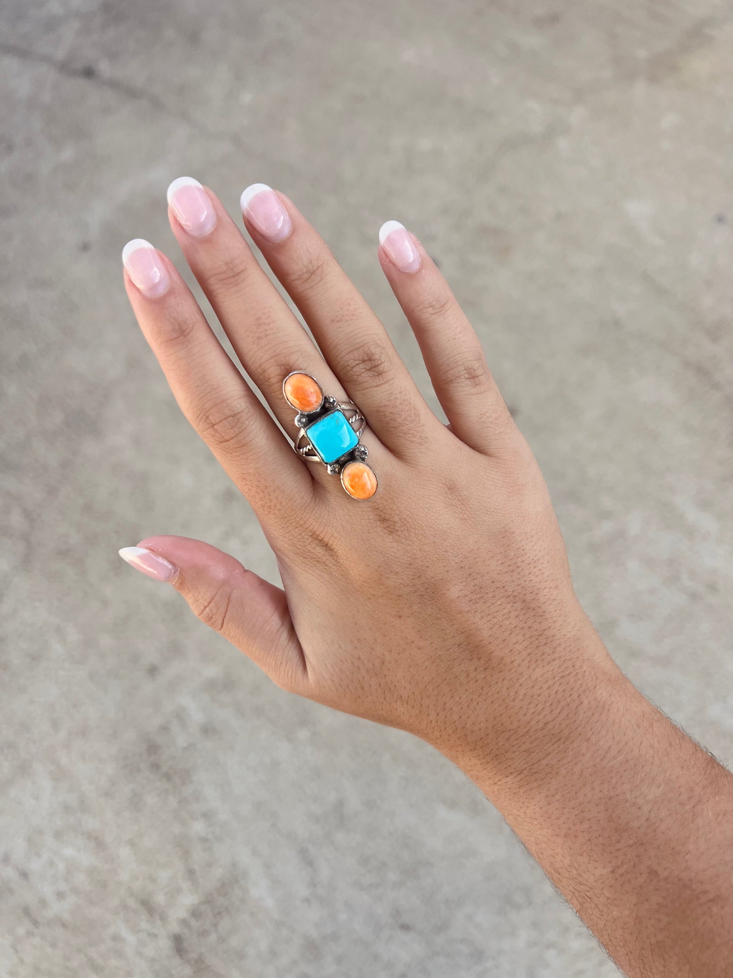Genuine Turquoise & Spiny Oyster Sterling Silver 3 Stone Ring