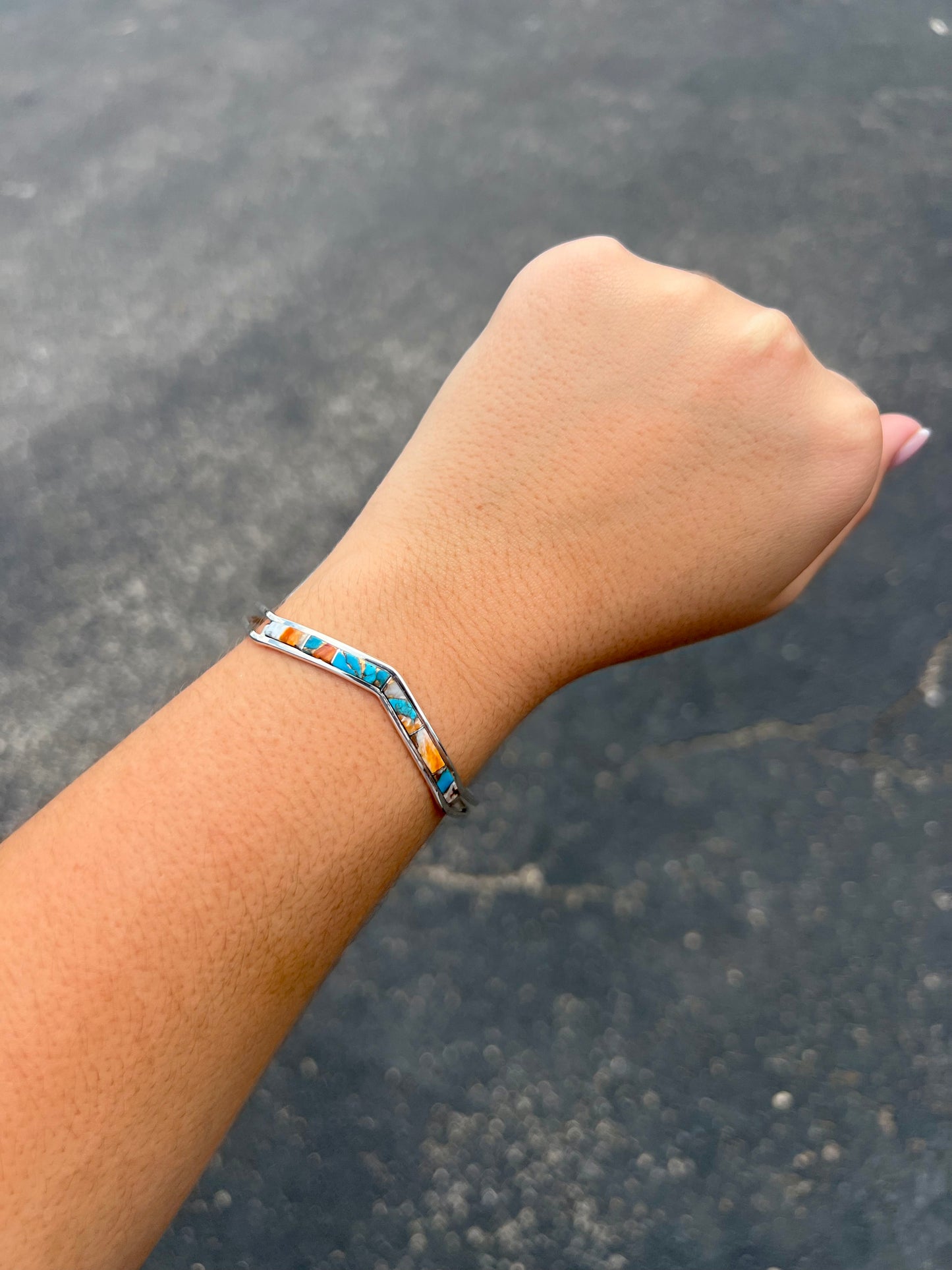 Genuine Turquoise, Spiny Oyster, Bronze Sterling Silver Inlay Cuff Bracelet
