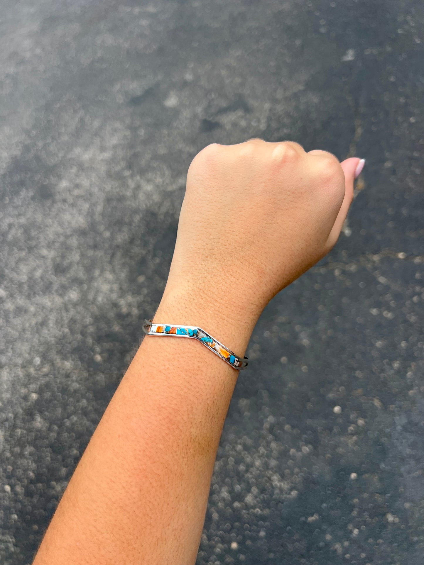 Genuine Turquoise, Spiny Oyster, Bronze Sterling Silver Inlay Cuff Bracelet