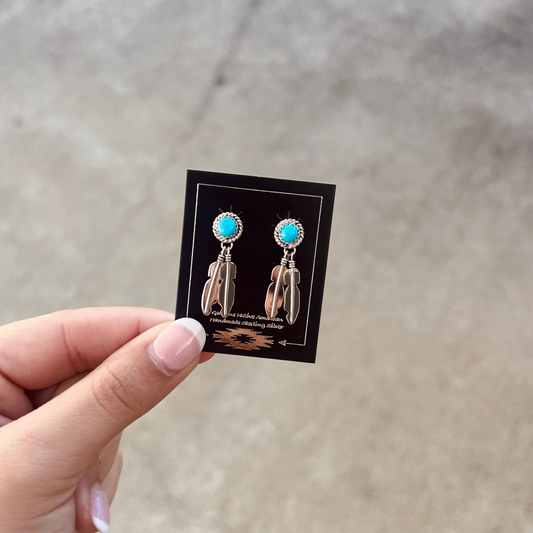 Genuine Kingman Turquoise Round Stud with Sterling Silver Feather Dangle Earrings