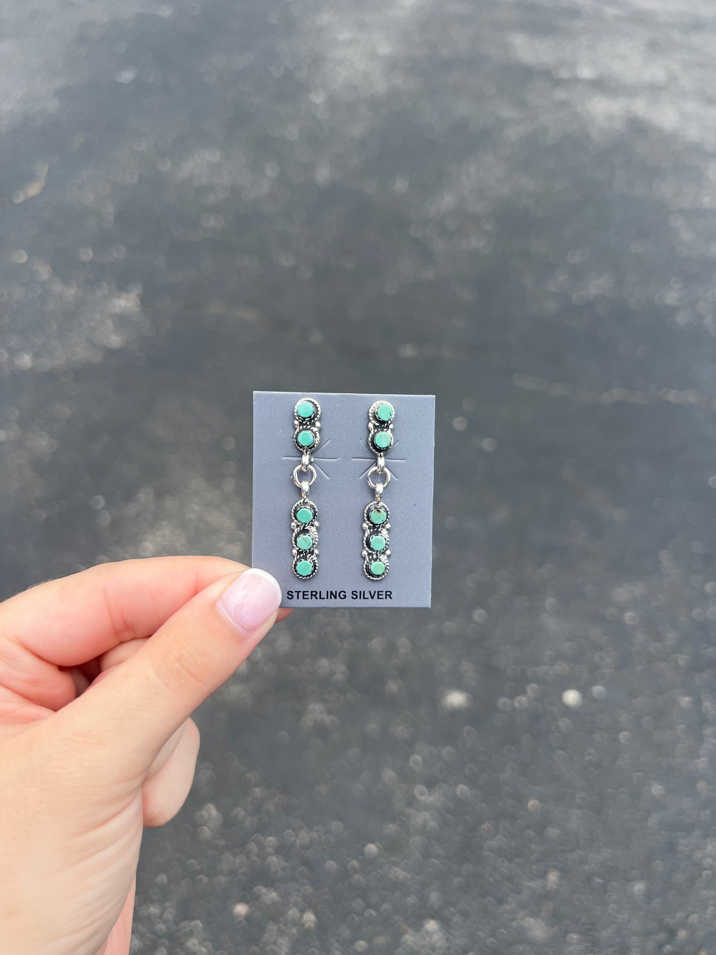 Zuni 5 Stone Genuine Green Turquoise Sterling Silver Dangle Earrings