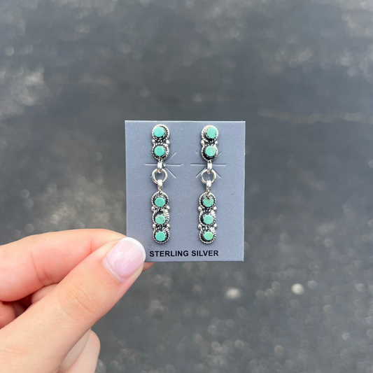 Zuni 5 Stone Genuine Green Turquoise Sterling Silver Dangle Earrings