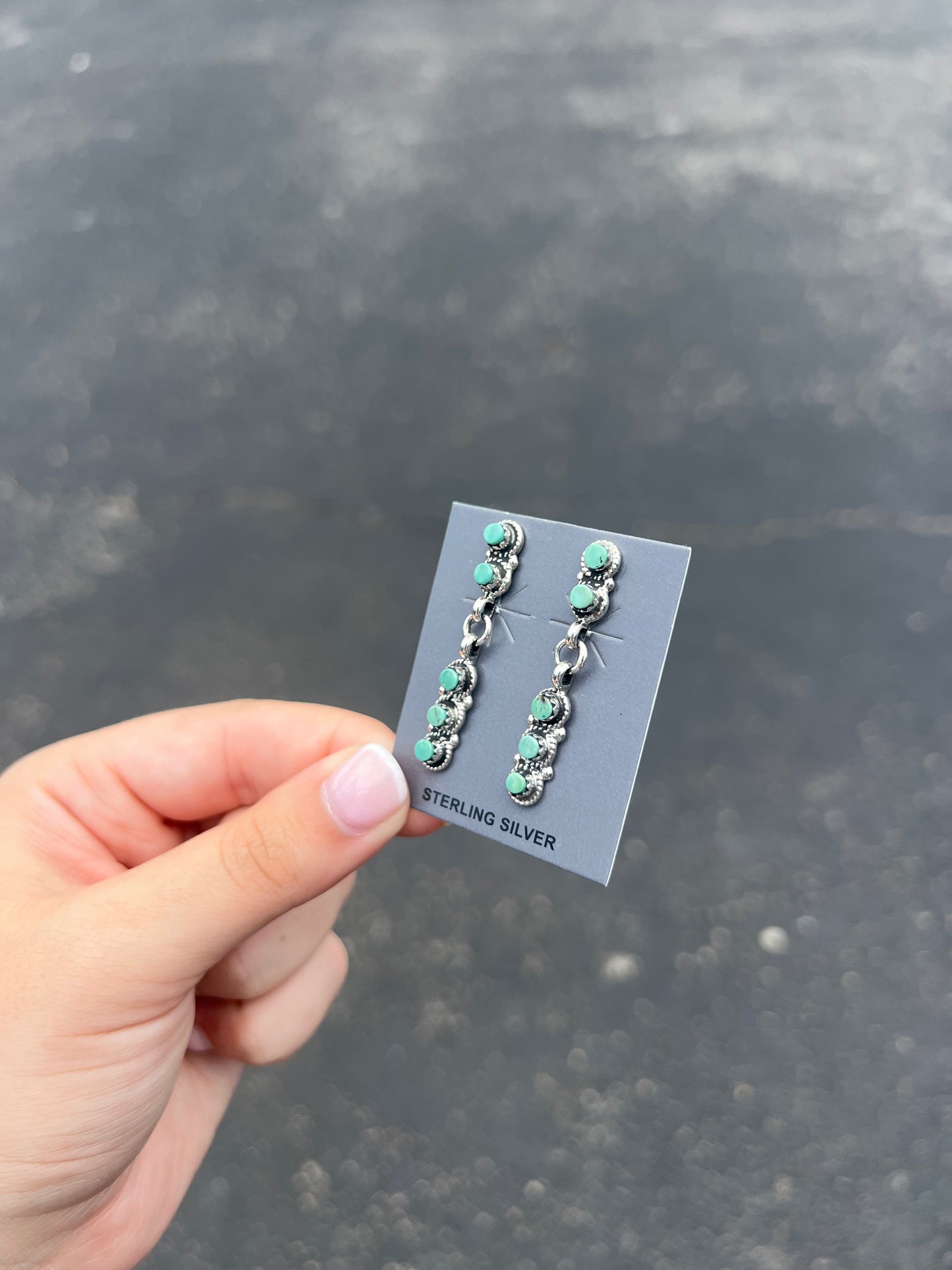 Zuni 5 Stone Genuine Green Turquoise Sterling Silver Dangle Earrings