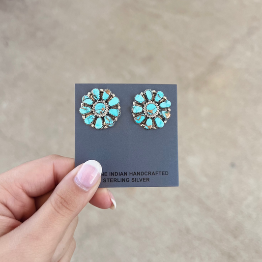 Genuine Green and Blue Kingman Turquoise 10 Stone Sterling Silver Cluster Earrings