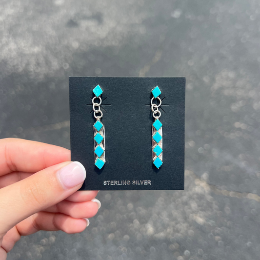 Zuni 5 Stone Genuine Turquoise Diamond Sterling Silver Dangle Earrings