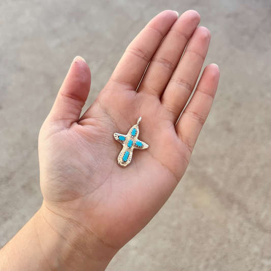 5 Stone Genuine Turquoise Sterling Silver Sand Cast Cross Pendant