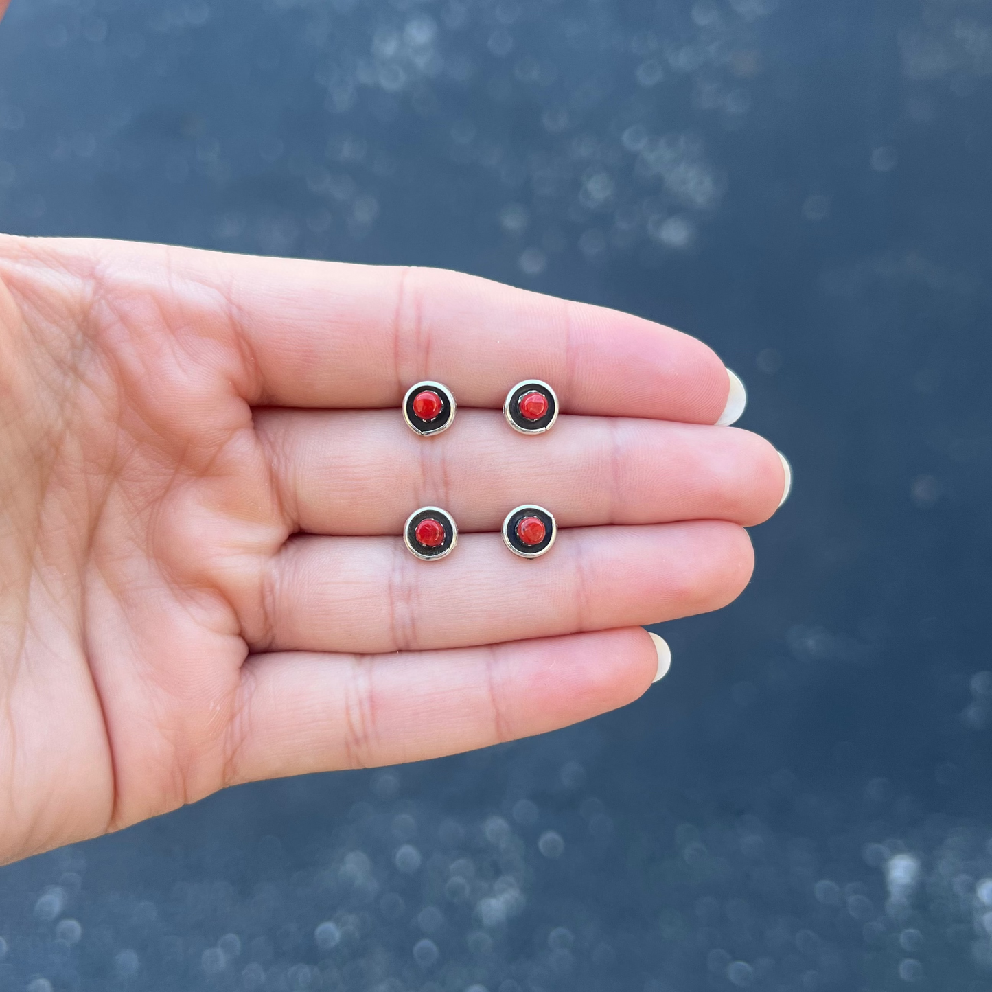 Zuni Genuine Coral Round Sterling Silver Studs