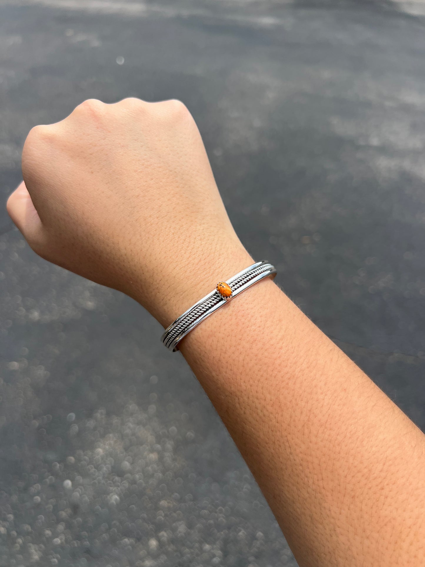 Genuine Orange Spiny Oyster Double Twist Sterling Silver Stacker Cuff