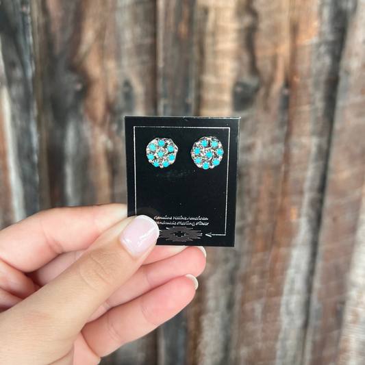 Genuine Turquoise 8 Stone Cluster Sterling Silver Studs