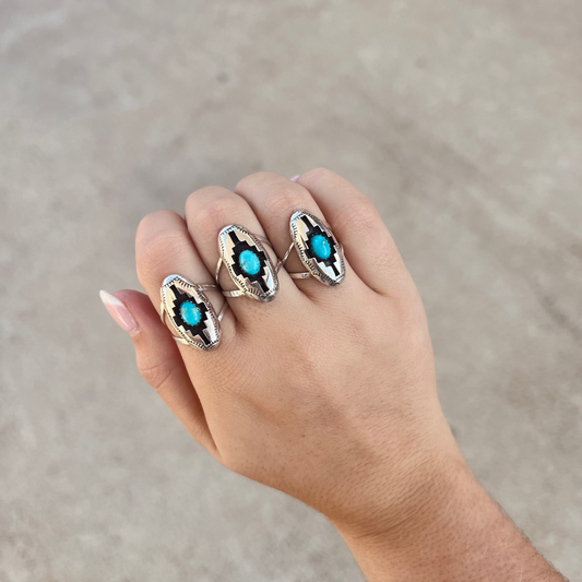 Turquoise and Sterling Silver Aztec Blessing Shadowbox Ring