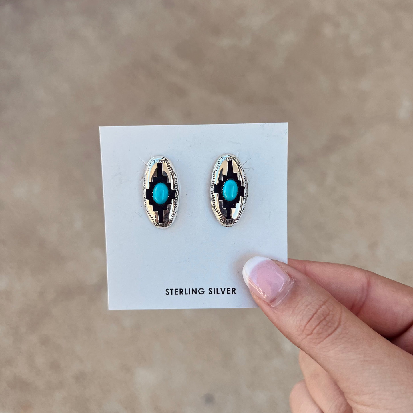 Genuine Kingman Turquoise Blessing Design Shadowbox Sterling Silver Earrings