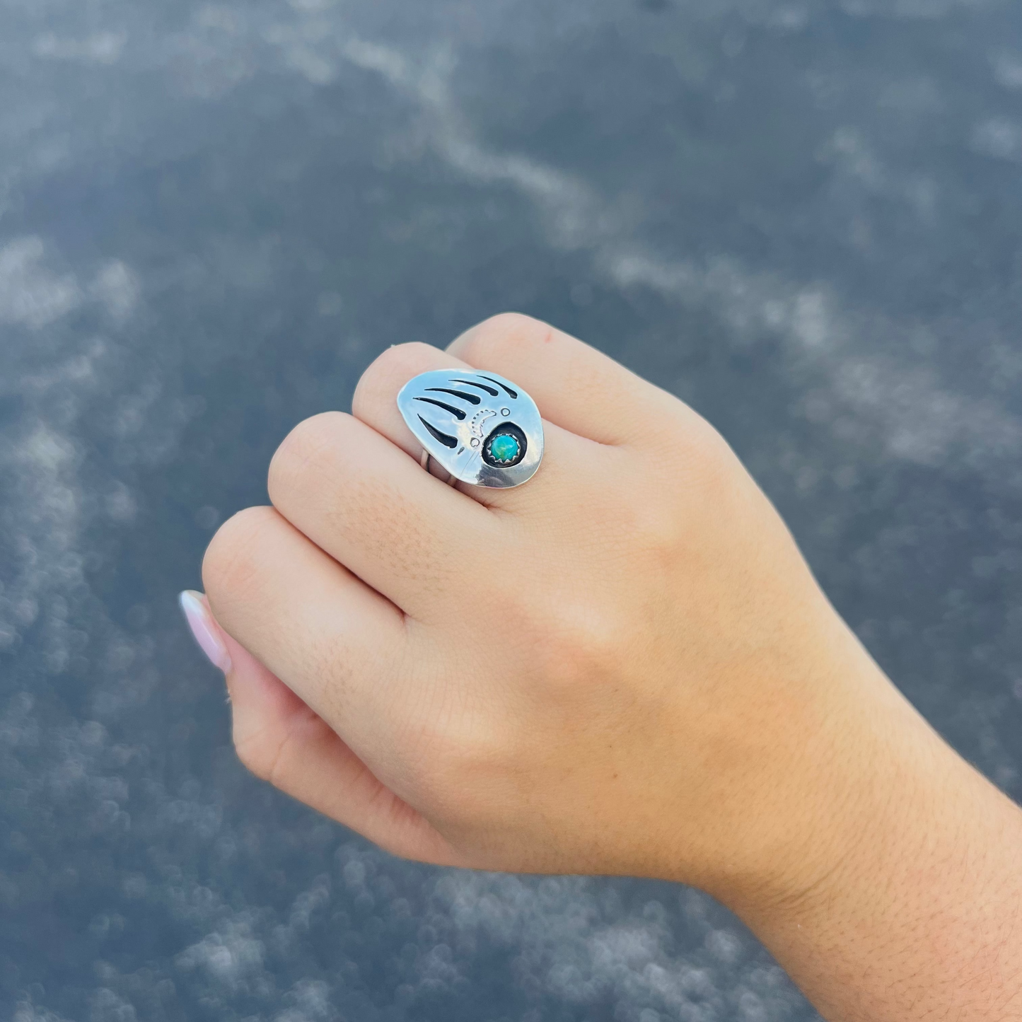 Sterling Silver Badger Paw Genuine Turquoise Ring