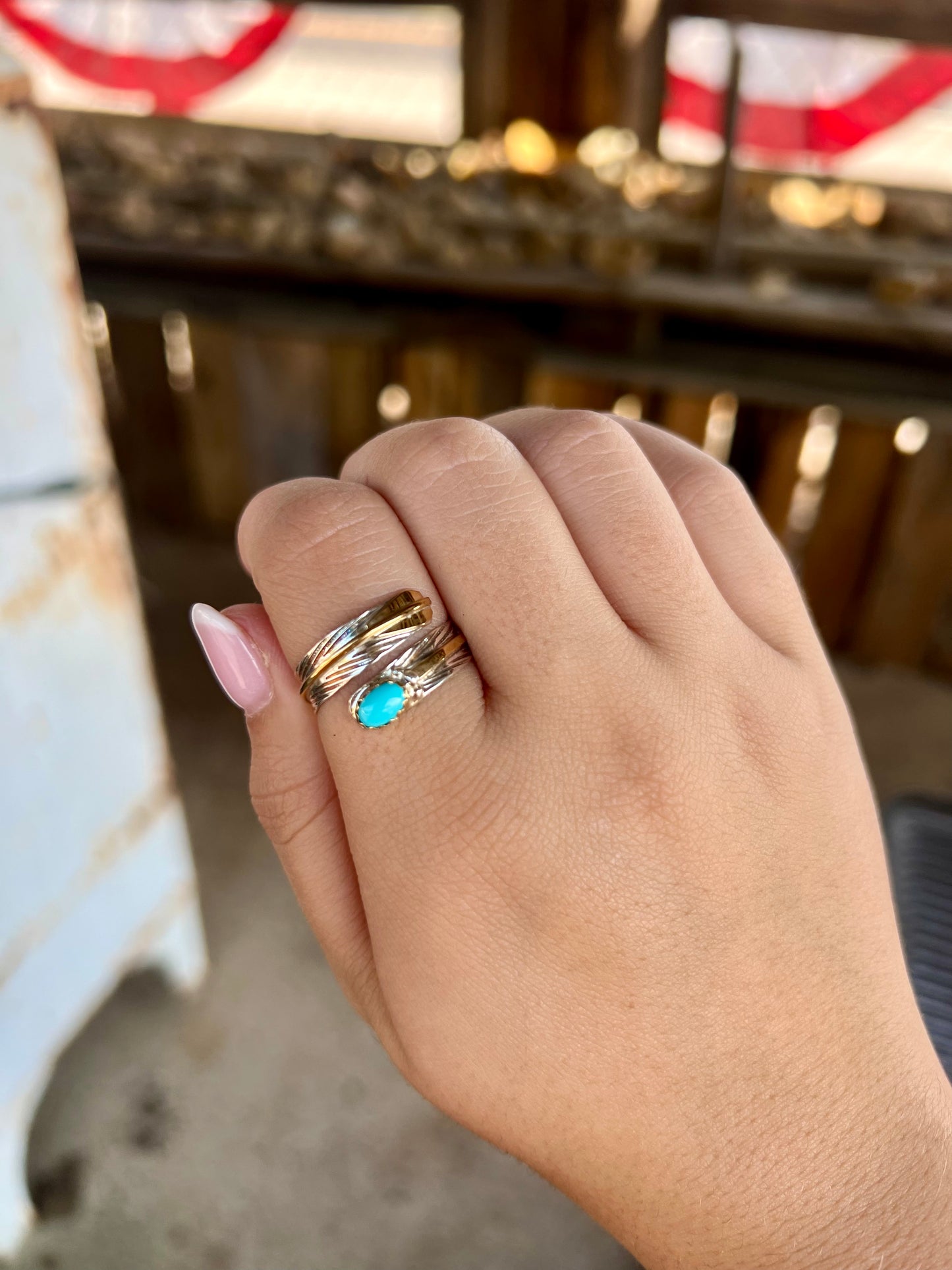 Genuine Turquoise Sterling Silver and Brass Wrap Ring