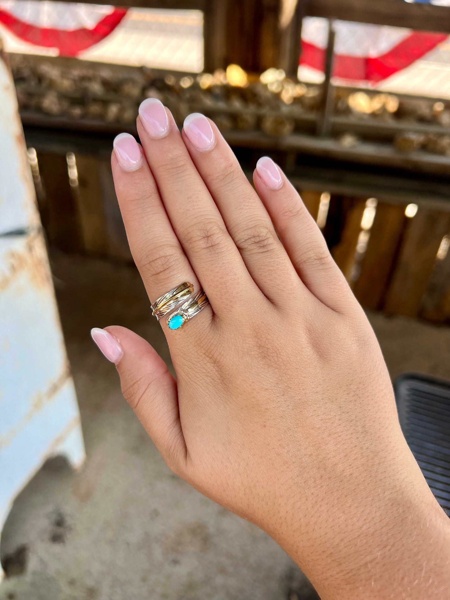 Genuine Turquoise Sterling Silver and Brass Wrap Ring