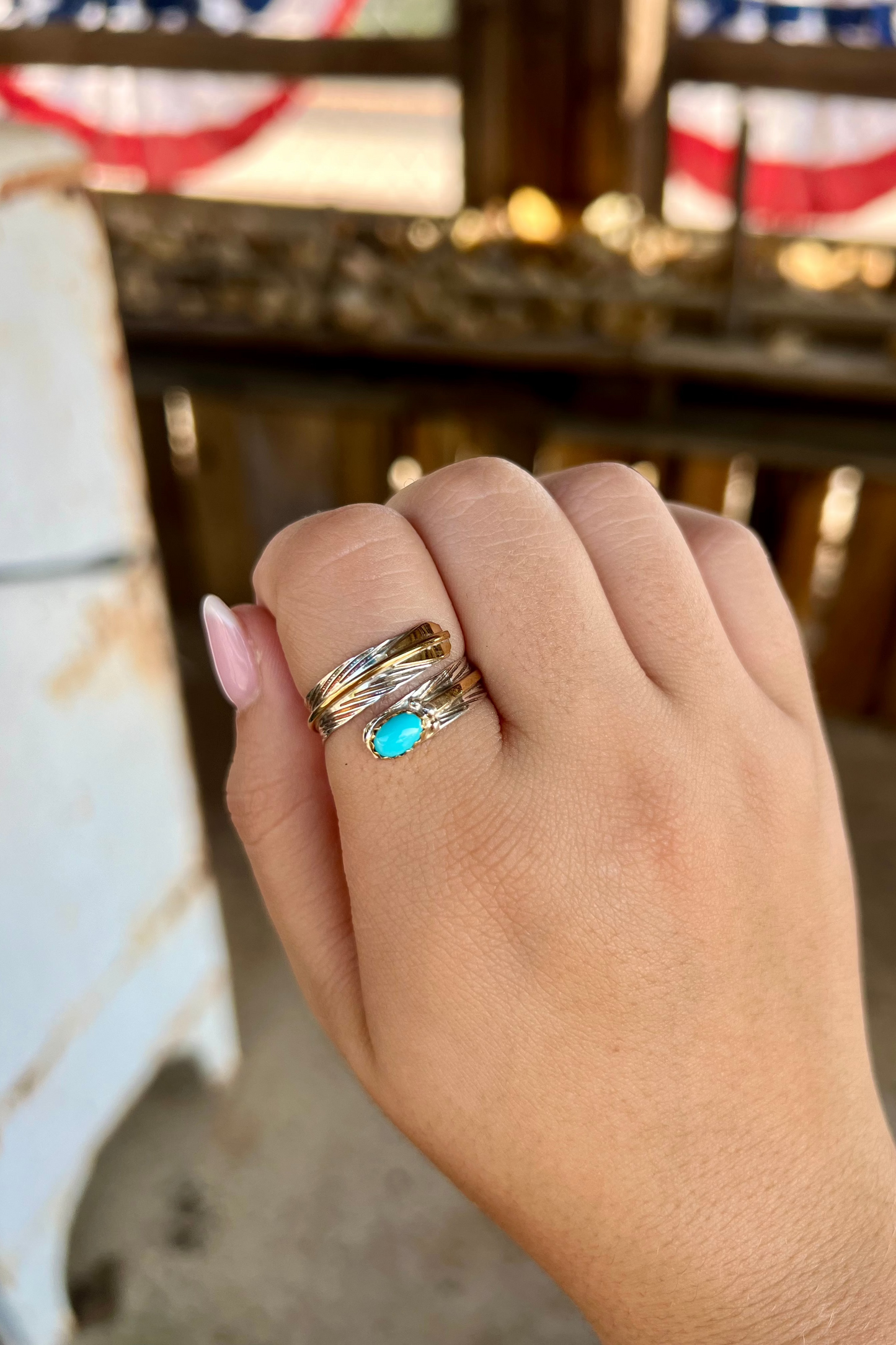 Genuine Turquoise Sterling Silver and Brass Wrap Ring