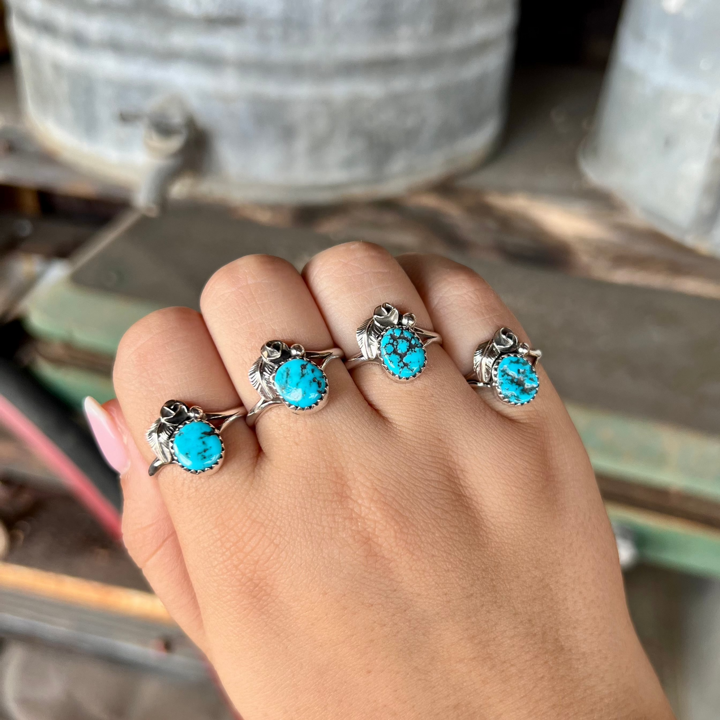 Genuine Kingman Turquoise Round Rose & Leaf Sterling Silver Ring