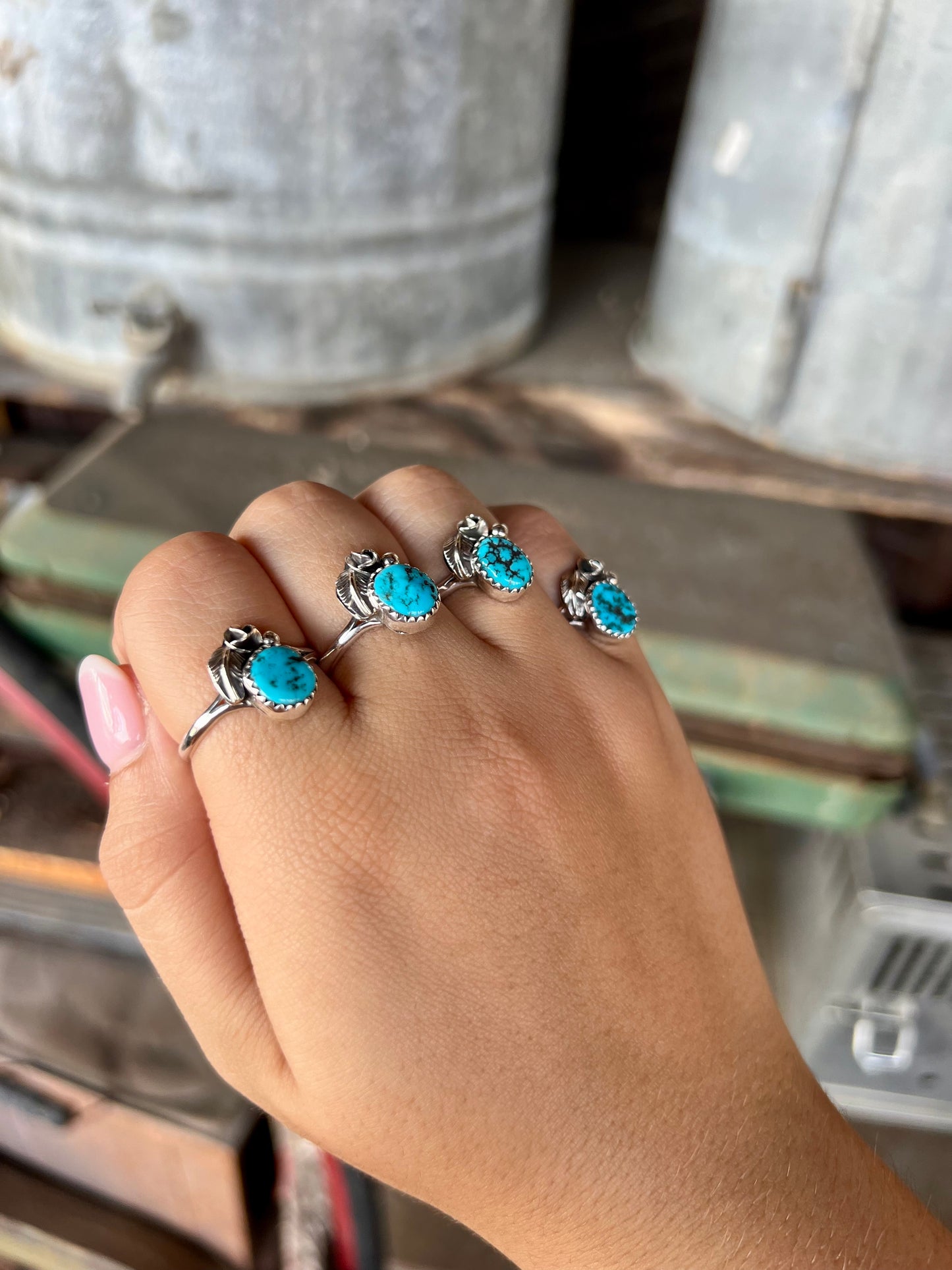 Genuine Kingman Turquoise Round Rose & Leaf Sterling Silver Ring