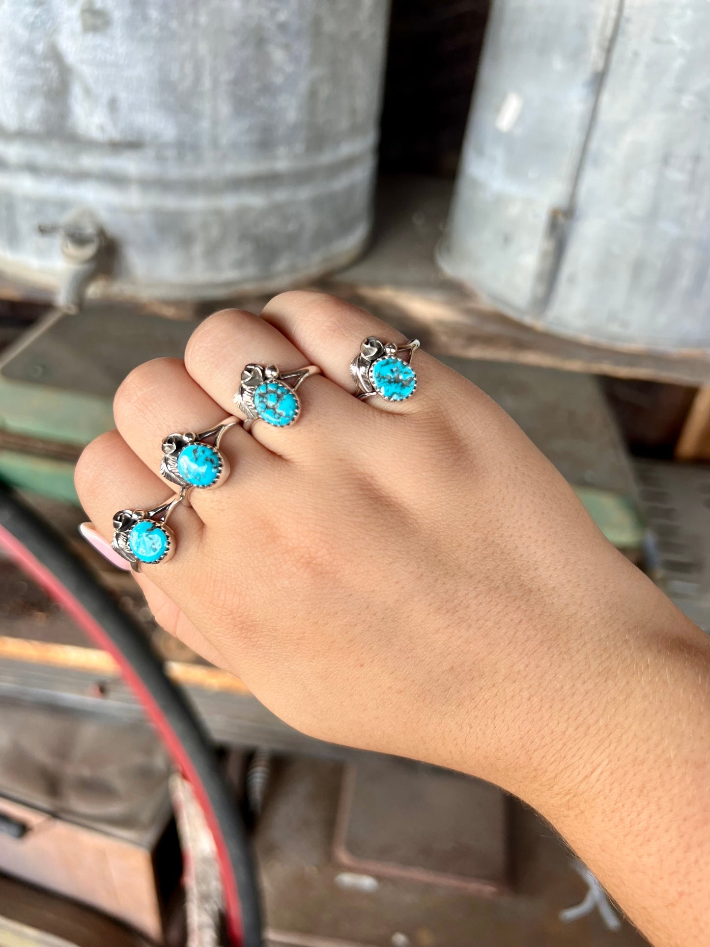 Genuine Kingman Turquoise Round Rose & Leaf Sterling Silver Ring