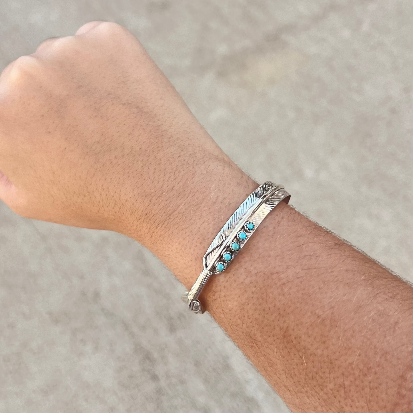 5 Stone Kingman Turquoise Sterling Silver Feather Cuff Bracelet