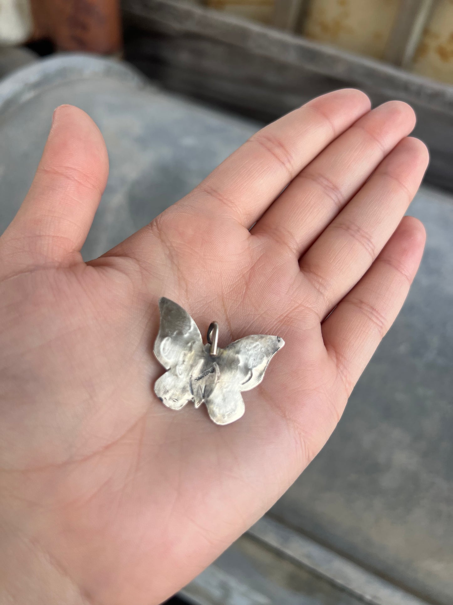 Sterling Silver Stamped Butterfly Genuine Turquoise Stone Pendant