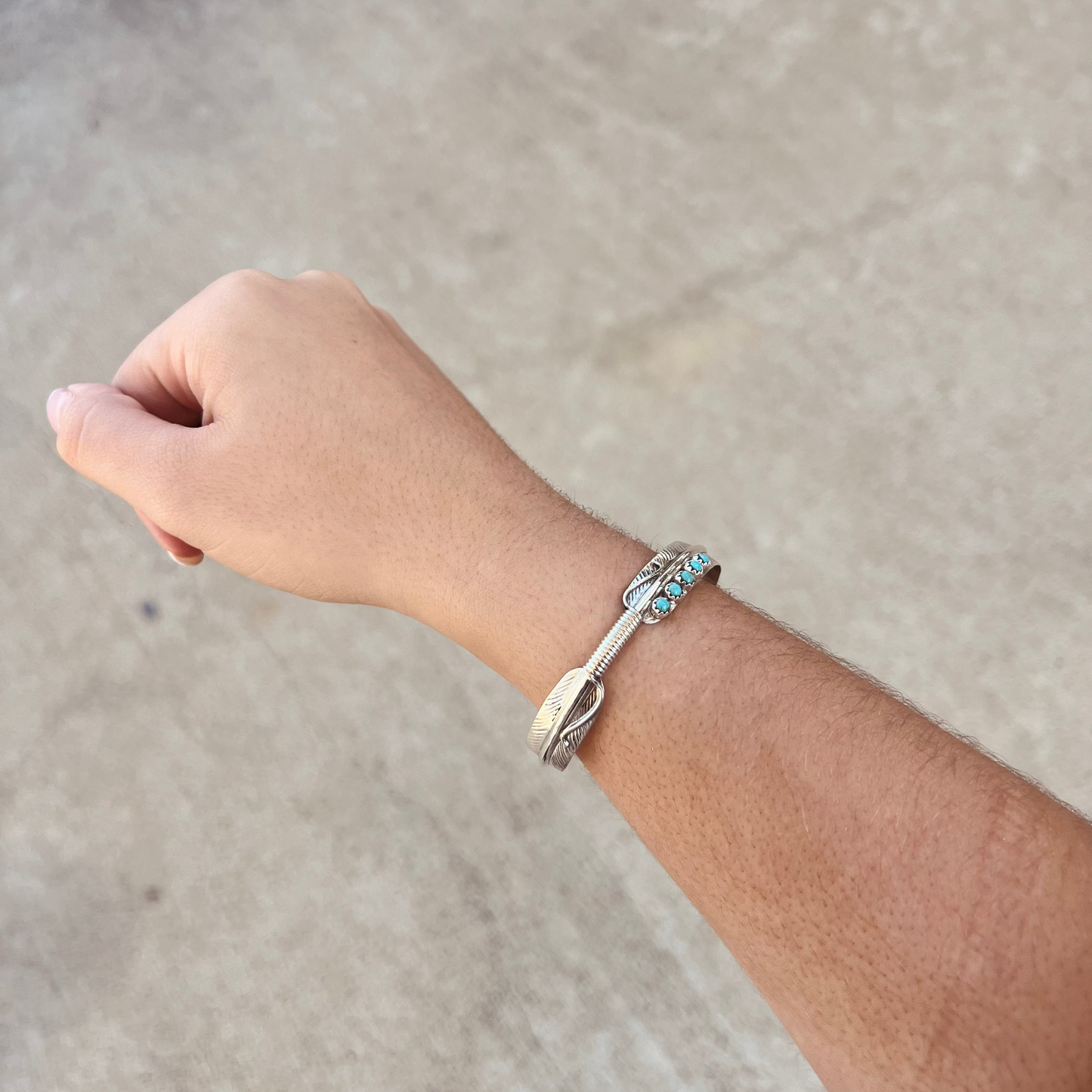 5 Stone Kingman Turquoise Sterling Silver Feather Cuff Bracelet