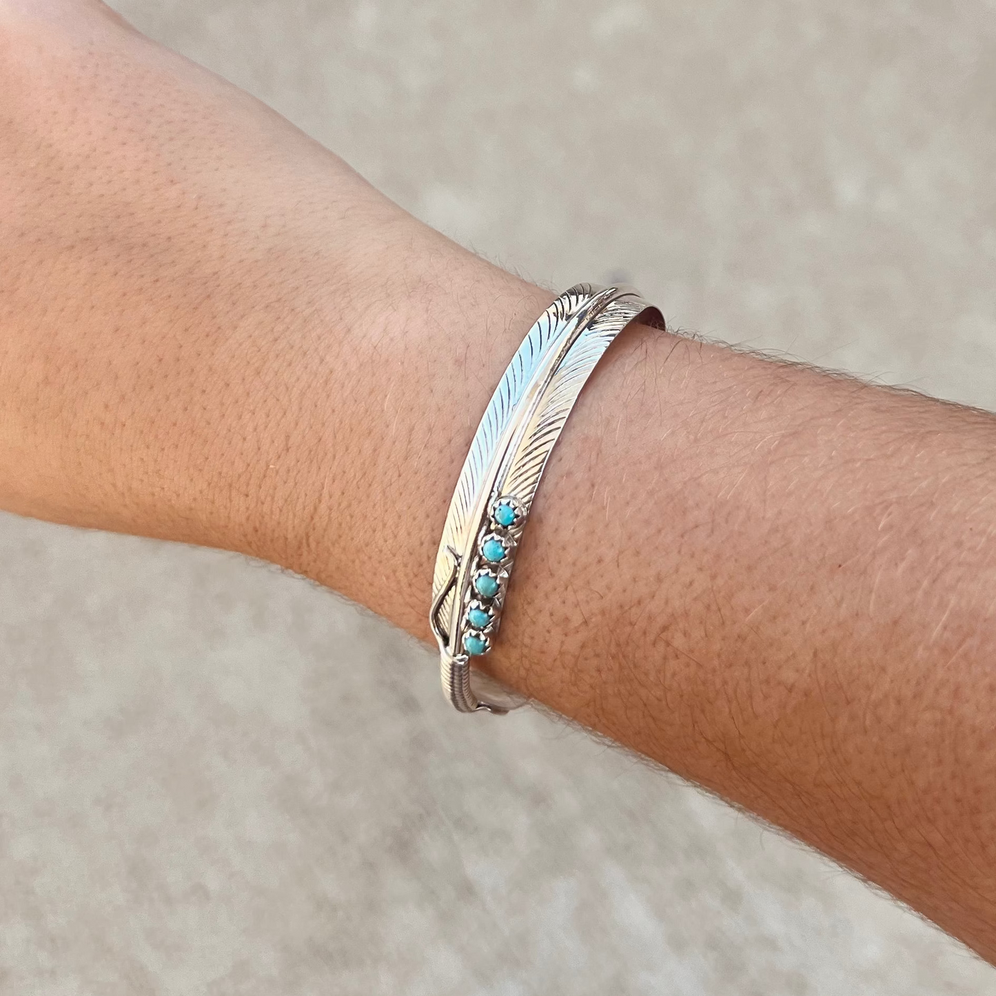 5 Stone Kingman Turquoise Sterling Silver Feather Cuff Bracelet