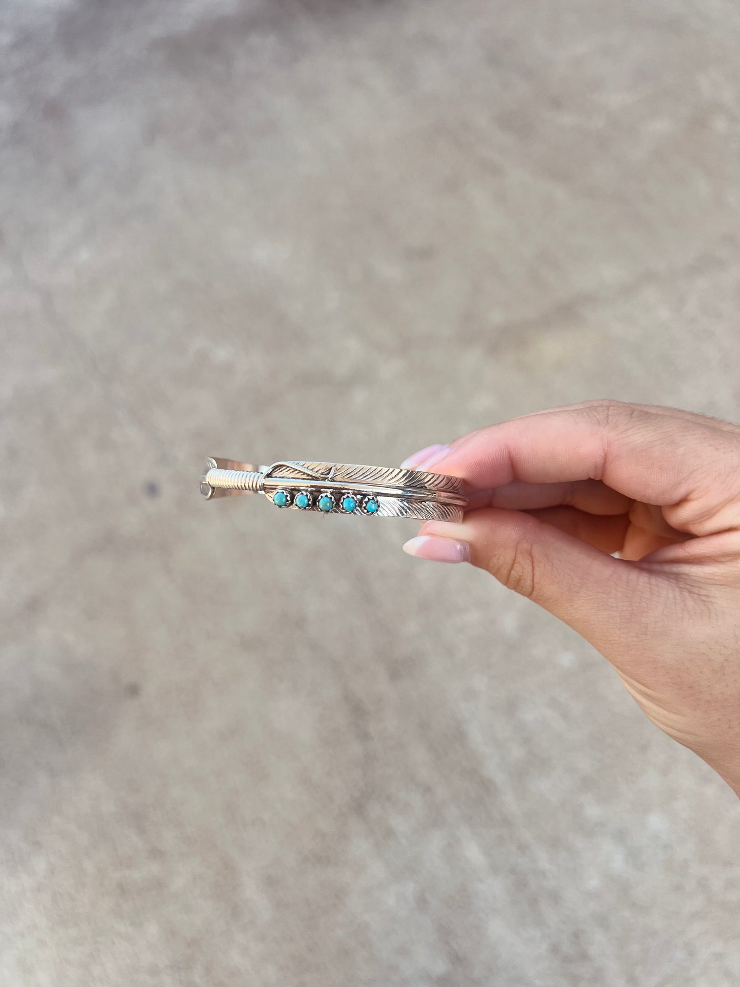 5 Stone Kingman Turquoise Sterling Silver Feather Cuff Bracelet