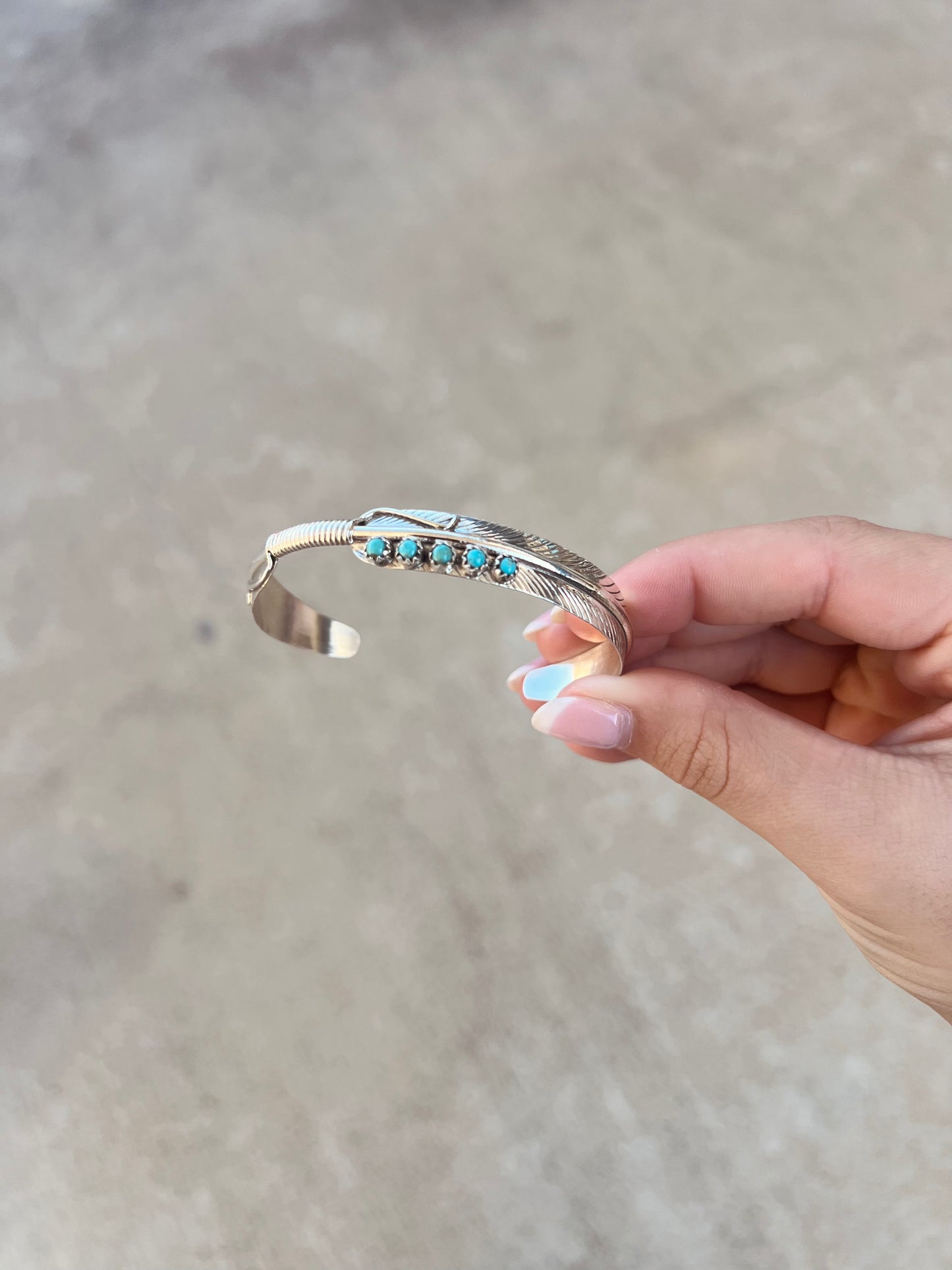 5 Stone Kingman Turquoise Sterling Silver Feather Cuff Bracelet