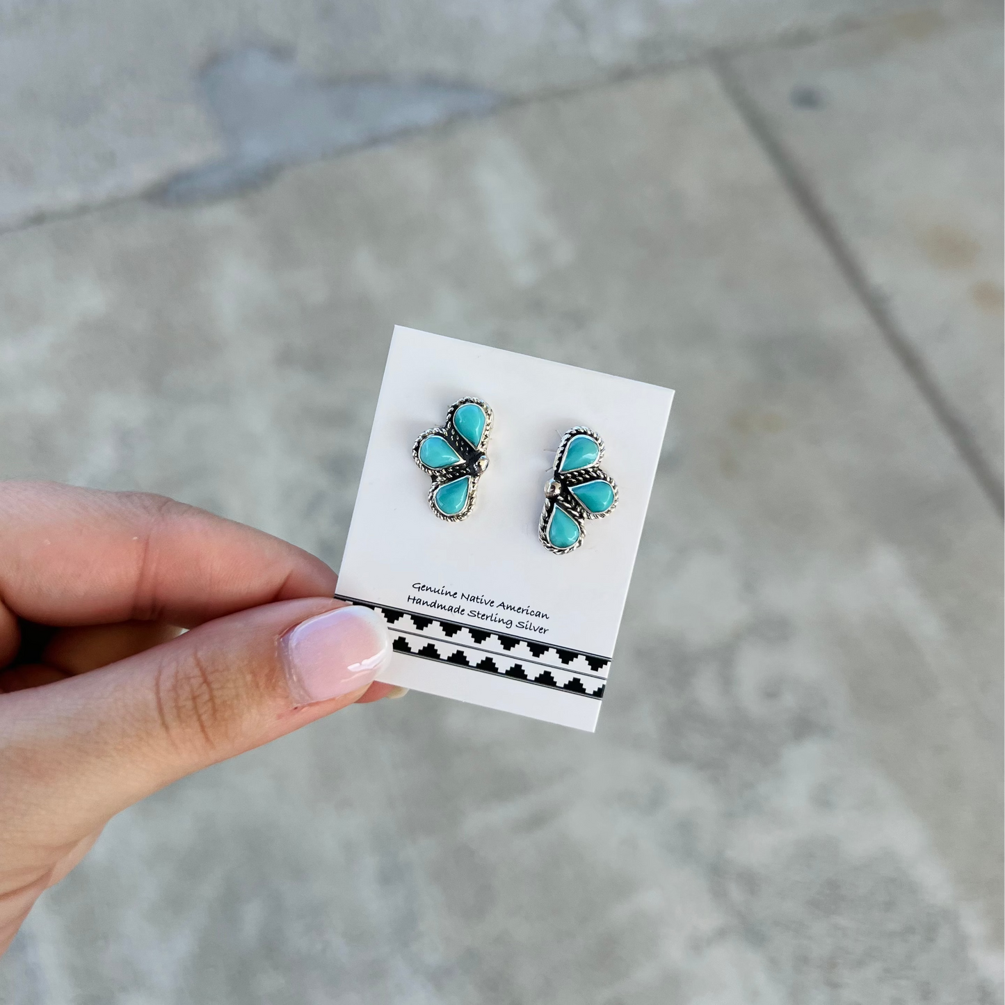 Genuine Turquoise Half Flower Sterling Silver Earrings